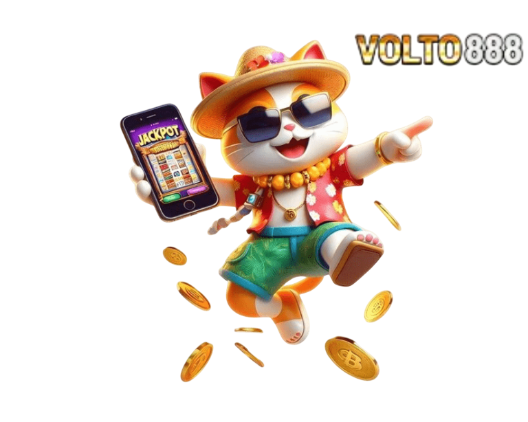 การ์ตูนแมวสวมหมวกถือสมาร์ตโฟน พร้อมเหรียญทองและไอคอนสล็อต